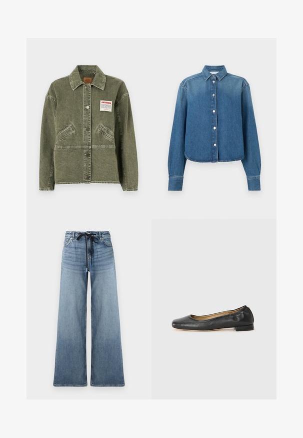 American Vintage UZATOWN - Teksajakk - olive; Sinine teksariidest särk kraega, pikkade varrukatega ja nööpimisega ees. Omadeks on lühendatud serv ja peen tekstuur.; Heledad denim püksid helesinises värvitoonis, millel on kulunud tekstuur. Varustatud reguleeritava vööga, millel on must pael, ja traditsiooniliste taskutega.; Mustad nahast baleriinijalatsid ümmarguse varba ja minimaalse õmblusega. Madal, ruudukujuline konts ja sile tekstuur. Diskreetne sisepinna detail.
