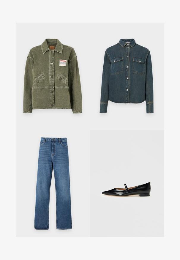 American Vintage UZATOWN - Teksajakk - olive; Denim särk kaelusega, pikkade varrukatega, kahe rinnaõmblusega tasku ja esise nupuga kinnitusega. Tumedat sinist värvi, millel on kulunud tekstuur.; Kõrge vöökohaga sinised teksapüksid laia säärega, millel on sile tekstuur, minimaalne õmbluste peenhäälestus ja klassikaline viie taskuga stiil.; Mustast läikivast nahast terava ninaga Mary Jane tasiasendiga king, millel on üks rihm ja madal konts, ühtlasel taustal.