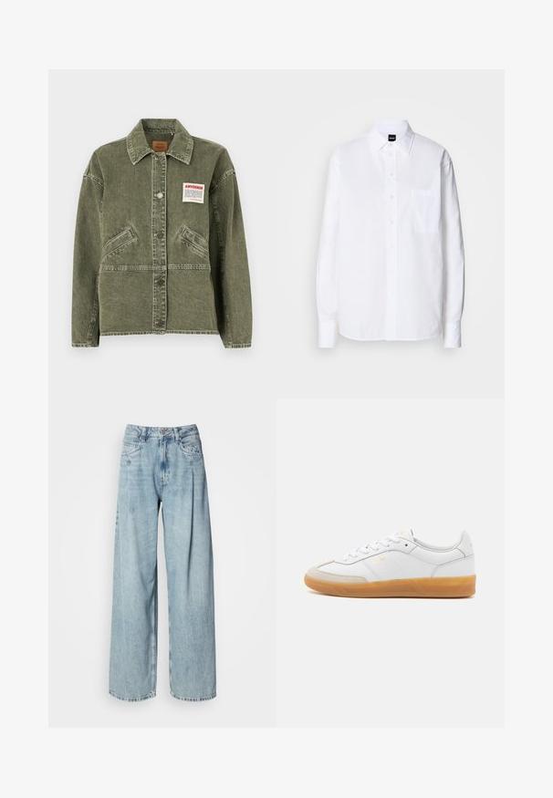 American Vintage UZATOWN - Farkkutakki - olive; Valkoinen puuvillapaita, jossa on klassinen kaulus, pitkät hihat, rintatasku ja sileä, raikas tekstuuri.; Vaaleansiniset korkeavyötäröiset leveälahkeiset farkut, joissa on etutaskut, nappisulku ja vyölenkit valkoista taustaa vasten.; Valkoiset nahkakengät, joissa on vaaleanruskeat mokkajäljitelmäkorostukset, kumipohja ja nauhakiristys. Koristeena on hillitty kultainen brändäys.