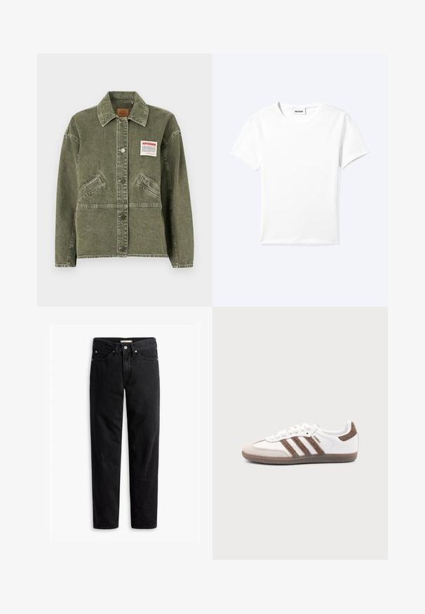 American Vintage UZATOWN - Cowboyjakker - olive; Ensfarvet hvid t-shirt med korte ærmer og rund halsudskæring med en lille "WEEKDAY" label indeni halskanten, vist fladt på en lys baggrund.; Sorte straight-leg jeans med knap- og lynlåslukning, bæltestropper samt for- og baglommer, vist fladt på hvid baggrund.; Hvid Adidas Samba sneaker med brune ruskindstriber, brun gummisål og beige ruskindståhætte, vist fra ydersiden på en ensfarvet baggrund.