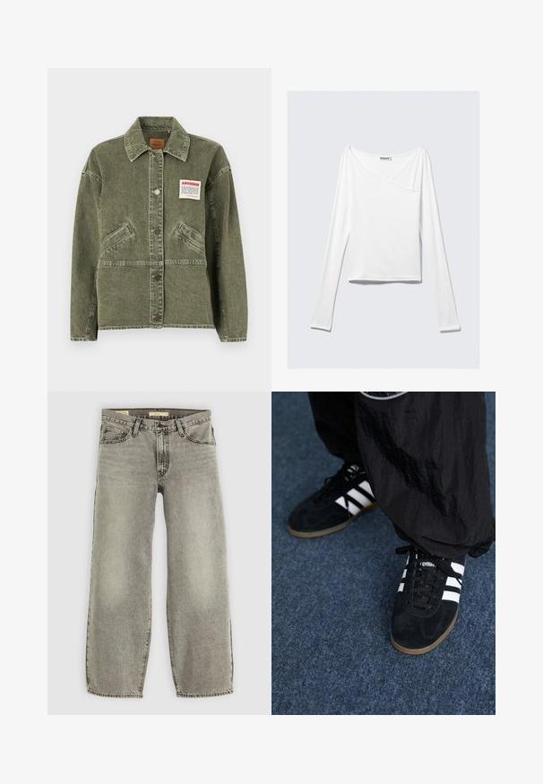American Vintage UZATOWN - Denimová bunda - olive; Biela blúzka s dlhým rukávom a prekríženým dizajnom, s vreckom. Vyrobená z hladkej, elastickej látky. Strih v uvoľnenom, voľnom štýle.; Svetlošedé, široké džínsy vyrobené z denimu. Majú tradičnú päticu vreciek a mierne zosvetlenie po celom materiáli.; Čierne roháčiky z semišu so tromi bielymi pruhmi a čiernymi šnúrkami. Texturované čierne nohavice sú čiastočne viditeľné vedľa topánok.
