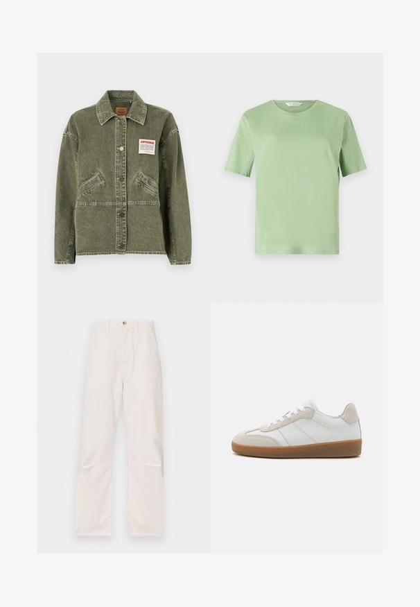 American Vintage UZATOWN - Cowboyjakker - olive; Lys grøn t-shirt med korte ærmer lavet af blødt stof. Har en rund halsudskæring og et lille præget logo på brystet. Enkel design.; Hvide højtaljede bukser lavet af et blødt stof, med to frontlommer, et lige ben-design og en enkelt knaplukning fortil.; Hvide lædersneakers med beige ruskindsdetaljer, struktureret tunge og gummisål. Har hvide snørebånd og diskrete stikninger.