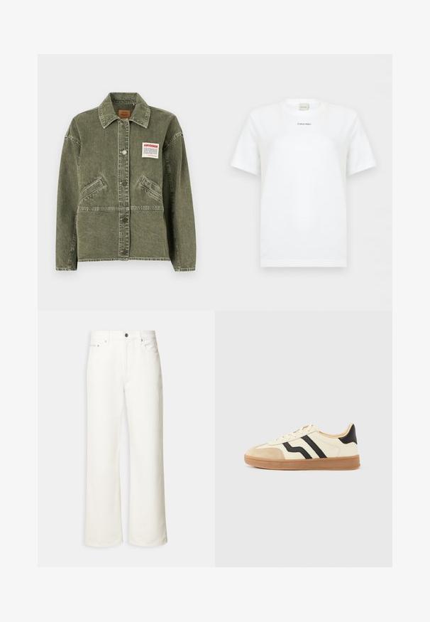 American Vintage UZATOWN - Chaqueta vaquera - olive; Camiseta blanca de manga corta con cuello redondo y pequeño logo negro "Calvin Klein" centrado en el pecho, sobre fondo liso.; Jeans blancos de pierna ancha con botón frontal, trabillas para cinturón y diseño de cinco bolsillos.; Zapatillas con cordones que presentan una parte superior color crema con rayas negras y una puntera de ante, complementadas con una suela de goma marrón.