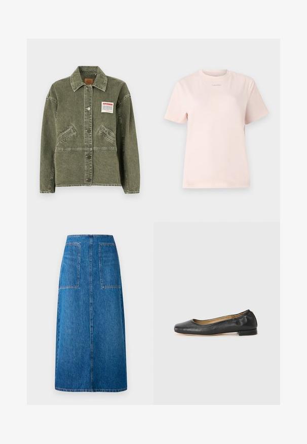 American Vintage UZATOWN - Denimová bunda - olive; Svetloružové bavlnené tričko s okrúhlym výstrihom, krátkymi rukávmi a malým logom "Calvin Klein" natlačeným v zodpovedajúcej farbe na hrudi.; Džínová sukňa v tmavomodrej farbe s rovnými líniami, so skúsenosťami dvoma zadnými vreckami a viditeľným prešívaním pozdĺž lemovania a okrajov vreciek.; Čierne kožené baletky s okrúhlou špičkou a minimálnym šitím. Nízky, obdĺžnikový podpätok a hladká textura. Diskrétny detail podšívky vnútri.