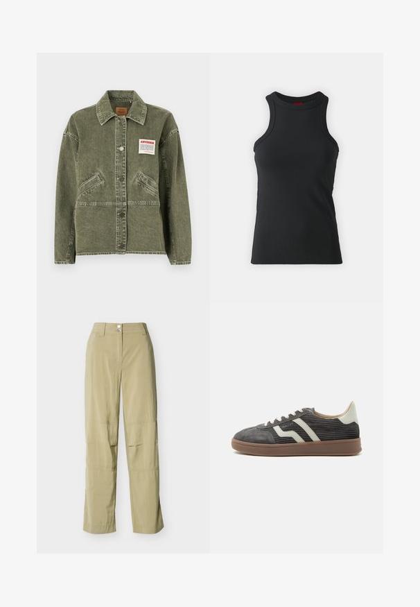American Vintage UZATOWN - Denimová bunda - olive; Čierne bezrukávové tank top vyrobené z elastického materiálu. Má okrúhly výstrih a priliehavý strih s minimálnymi švovými detailami.; Béžové nohavice s rovnými nohavicami, pútkami na opasok, predným zapínaním na gombík a zips a prešitými detailmi na kolenách, zobrazené na jednoduchom pozadí.; Sivá nízka teniska z manšestru s bielymi bočnými pruhmi, béžovým pätovým štítkom, bielymi šnúrkami a hnedou gumovou podrážkou.