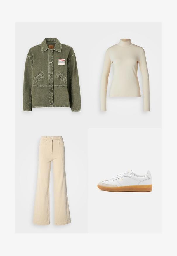American Vintage UZATOWN - Teksajakk - olive; Kreemivärvi pikkseeliku kaelusega pikka varrukatoppi, mis on valmistatud siledast, venivast kangast; keha lähedane lõige kõrge kaelusega ja ilma nähtavate mustrite või detailideta.; Beezhi laia säärega teksad kõrge vöökoht, esipocketid ja kontrastne õmblus, millel on nuppe sulgemine ja sile puuvillane tekstuur.; Valge nahast tenniseking, millel on beeži luksusliku sameti detailid, kummi kummist tald ja seotud disain. Esitleb diskreetset kuldset brändimist.