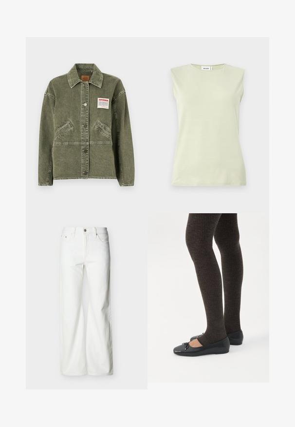 American Vintage UZATOWN - Cowboyjakker - olive; Lysegrøn ærmeløs top med rund hals. Lavet af blødt stof, der har en glat tekstur og et minimalistisk design.; Hvide jeans med høj talje og lige ben, med forreste knap, lynlåslukning samt sidelommer og baglommer, mod en ensartet lys baggrund.; Ben iført mørke ribbede leggings kombineret med sorte balletsko med små sløjfedetaljer på hvid baggrund.