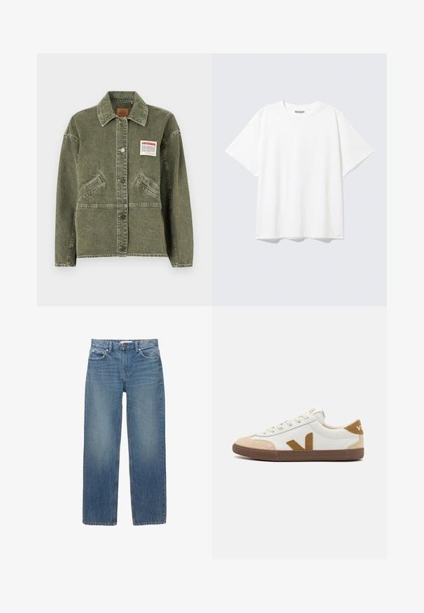 American Vintage UZATOWN - Spijkerjas - olive; Witte T-shirt met korte mouwen en een ronde hals, met een relaxte pasvorm en een "WEEKDAY" label aan de binnenkant achter bij de hals.; Lichtblauwe denim jeans met een rechte snit, vijf zakken en koperen hardware. De stof heeft een lichte vervaging en een gladde textuur.; Veja VOLLEY - Sneakers laag - white/tent/bark