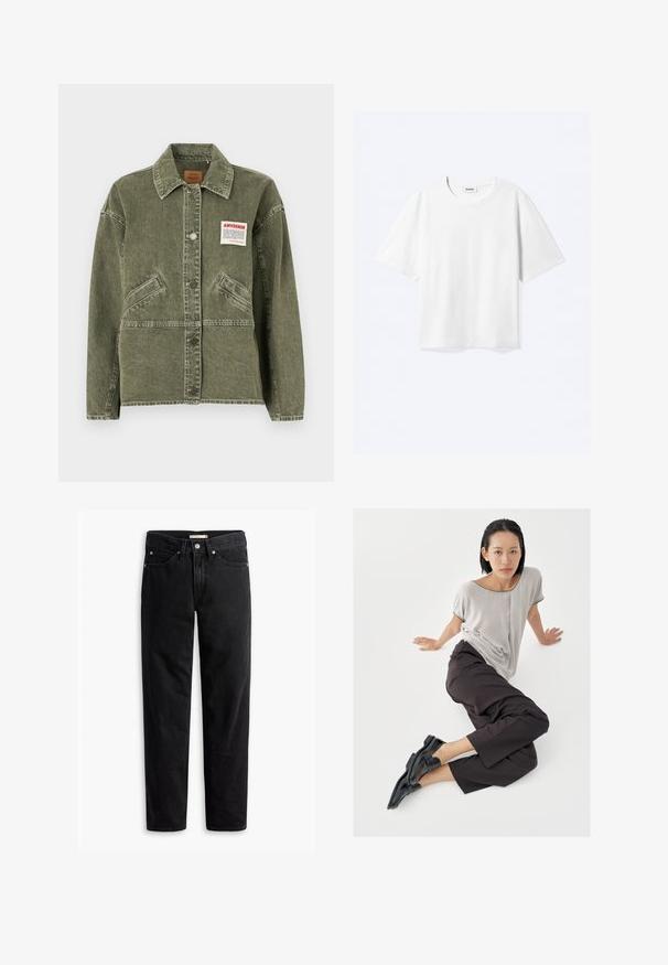 American Vintage UZATOWN - Chaqueta vaquera - olive; Camiseta blanca de manga corta con cuello redondo y dobladillo recto, con etiqueta de la marca "WEEKDAY" dentro del escote.; Jeans negros de pierna recta con cierre de botones y cremallera, pasadores para cinturón y bolsillos delanteros y traseros, exhibidos de forma plana sobre un fondo blanco.; Top de manga corta gris claro, pantalones anchos oscuros y mocasines negros. Tela suave, ajuste relajado y ribete en contraste en la camisa.