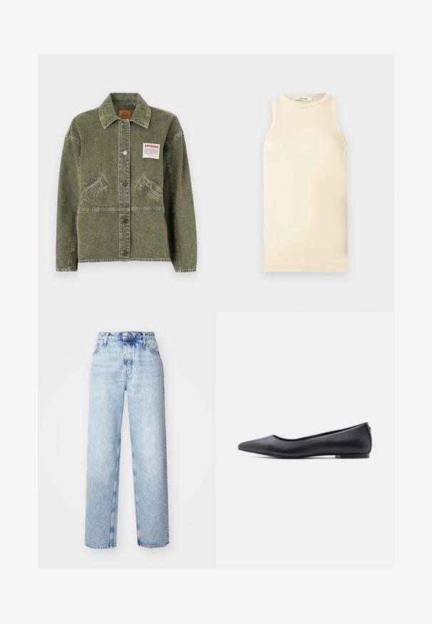 American Vintage UZATOWN - Cowboyjakker - olive; Lys beige ærmeløs top lavet af ribbet stof, med en rund halsudskæring og tætsiddende design. Glat tekstur med minimale sømme.; Lyseblå højtaljede jeans med løs pasform, der har lige ben, fem lommer og en klassisk knap- og lynlåslukning.; Sort flad lædersko med spidst tåparti og lav hæl, vist i sideprofil mod en hvid baggrund.