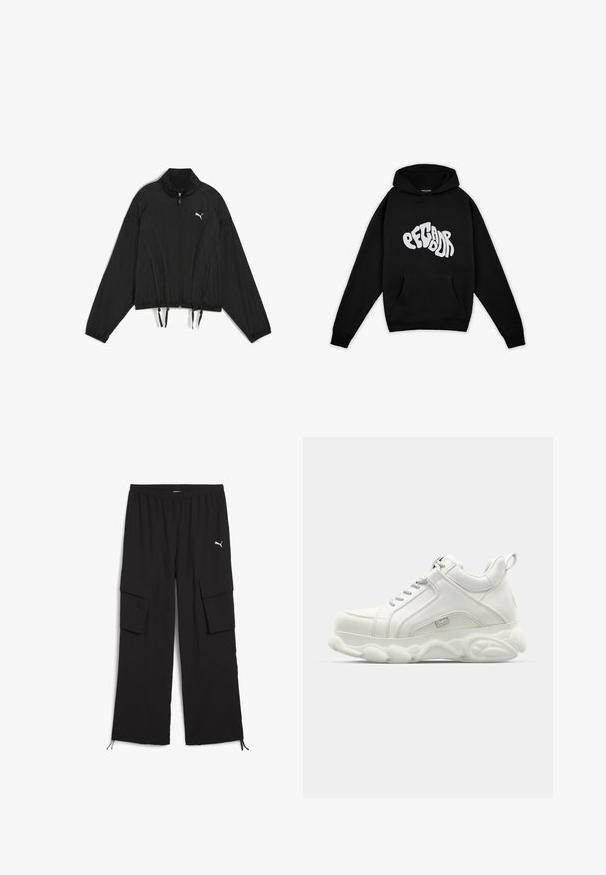 Čierna krátka bunda vyrobená z ľahkej tkaniny, s plným zipsom, stojacím golierom, elastickými manžetami a sťahovacím lemom. Logo na hrudi.; Pegador PALUMA OVERSIZED HOODIE - Mikina - black; Čierne cargo nohavice s širokým strihom, elastickým pásom, dvoma bočnými vreckami a šnúrkami na okrajoch. Zdobené malým bielym logom.; Biele atletické tenisky s hladkým koženým zvrškom, zaoblenou podrážkou a textúrovaným akcentom. Obsahujú šnúrky a ťahaciu pásku na zadnej strane.