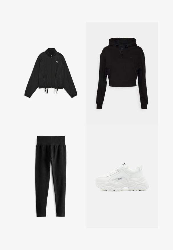 Čierna krátka bunda vyrobená z ľahkej tkaniny, s plným zipsom, stojacím golierom, elastickými manžetami a sťahovacím lemom. Logo na hrudi.; Even&Odd active by Zalando Mikina s kapucňou - black; Čierne rebrované legíny so širokým elastickým pásom. Tkanina vyzerá pružne a textúrovane, končiac tesne nad členkom.; Biele chunky tenisky s hladkým koženým zvrškom, zaoblenou špičkou a hrubou textúrovanou podrážkou s viditeľným logom značky na boku.
