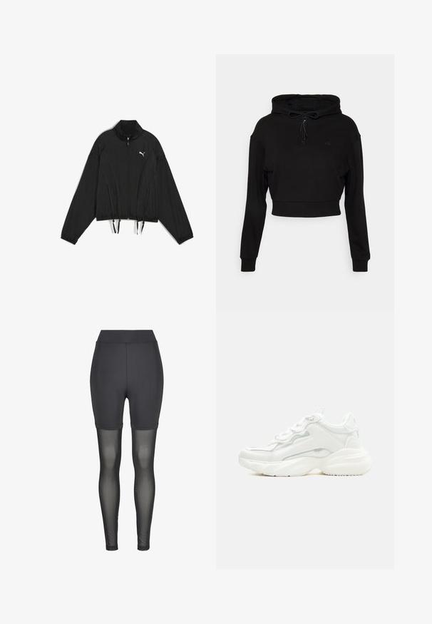 Mustat lyhyet takki kevyestä kankaasta, jossa on täysi vetoketju, pystykaulus, joustavat hihansuut ja kiristettävä helma. Logo rinnassa.; Even&Odd active Huppari - black; Shorts aktif hitam dengan pinggang tinggi, menampilkan bagian atas yang halus dan bagian bawah mesh transparan, dirancang untuk kenyamanan dan sirkulasi udara.; Valkoinen paksupohjainen lenkkari, jossa on nyöritys edessä ja sileä synteettinen päällinen hienovaraisilla tikkausyksityiskohdilla.