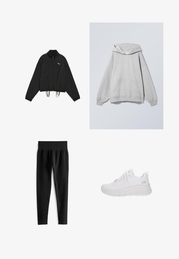 Chaqueta negra corta hecha de un tejido ligero, con cremallera completa, cuello alzado, puños elásticos y dobladillo con cordón. Logotipo en el pecho.; Sudadera con capucha de color gris claro, manga larga, bolsillo tipo canguro delantero, puños acanalados y etiqueta "Weekday" en el interior del cuello.; Leggings negros acanalados con una amplia cinturilla elástica, que presentan una silueta ajustada y una textura suave. Sin hardware visible ni patrones.; Zapatilla deportiva blanca con parte superior de tela texturizada, suela gruesa acolchada, cierre de cordones y pequeño logo de la marca cerca del talón.