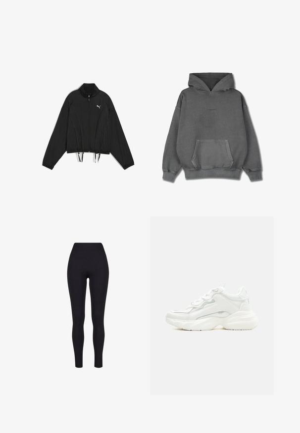 Čierna krátka bunda vyrobená z ľahkej tkaniny, s plným zipsom, stojacím golierom, elastickými manžetami a sťahovacím lemom. Logo na hrudi.; Pegador CLARITA LOGO OVERSIZED HOODIE - Mikina s kapucňou - vintage grey grey gum; Čierne legíny s vysokým pásom, vyrobené z elastickej látky, s hladkou textúrou a priliehavým dizajnom bez viditeľných švov alebo vzorov.; Biela masívna teniska s hrubou podrážkou, šnurovaním vpredu a hladkým syntetickým zvrškom so subtílnymi švami.