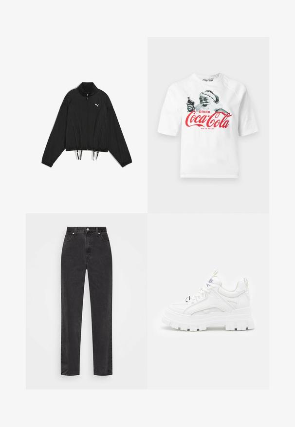 Chaqueta negra corta hecha de un tejido ligero, con cremallera completa, cuello alzado, puños elásticos y dobladillo con cordón. Logotipo en el pecho.; Camiseta blanca con un Santa vintage sosteniendo una botella de Coca-Cola y el texto rojo "Bebe Coca-Cola" en el frente.; Vaqueros de mezclilla negra de pierna recta con cintura alta, botón y cremallera en el frente, y estilo de cinco bolsillos sobre un fondo blanco.; Zapatillas deportivas blancas y gruesas con un revestimiento texturizado, cuello acolchado y suela gruesa y estriada. Presentan cordones negros en contraste y un detalle de marca.