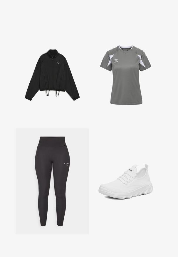 Chaqueta negra corta hecha de un tejido ligero, con cremallera completa, cuello alzado, puños elásticos y dobladillo con cordón. Logotipo en el pecho.; Camiseta deportiva gris de manga corta con detalles blancos en los hombros y los laterales, con el logo "hummel" en el pecho.; Leggings atléticos negros hechos de material elástico, con una cinturilla alta y un discreto detalle de logo en la pierna izquierda. Textura suave.; Zapatilla blanca ligera de punto con diseño de cordones, marca "JENNY" en la lengüeta y suela acolchada y texturizada para comodidad y agarre.