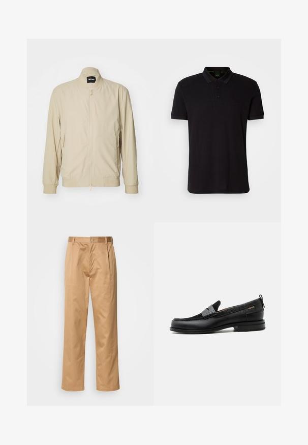 Beige bomberjakke med lynlås foran, ståkrave og sidelommer. Fremstillet af et glat, let stof med elastiske manchetter og bund.; Sort polo shirt lavet af blødt stof, med klassisk krave, tre-knaps lukning og et broderet logo på brystet.; Khaki bukser, blanding af bomuld, lige ben-design, frontfald, bæltesløjfer og knaplukning. Glat tekstur uden mønstre.; Sort læderloafer med grå remdetalje, lav hæl og tekstureret sål, mærket med "HUGO" i guld på siden.