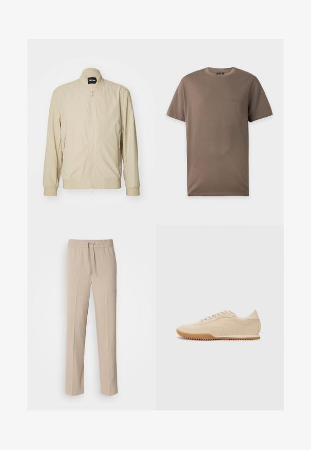 Beige bomberitakki, jossa on vetoketjukiinnitys, pystykaulus ja sivutaskut. Valmistettu sileästä ja kevyestä kankaasta, jossa on elastiset hihansuut ja helma.; Ruskea lyhythihainen pyöreäkauluksinen T-paita, jossa vasemmassa rinnassa pieni kohokuvioitu Armani Exchange -logo valkoisella taustalla.; Beige, housut, joissa on rento istuvuus, valmistettu pehmeästä kankaasta. Niissä on joustava vyötärönyöri ja suorat lahkeet, joissa on minimaalista koristelua.; Vaaleanbeige mokkanahkakengät, joissa on virtaviivainen muotoilu, teksturoitu päällinen, pyöreä kärki ja kumipohja, jossa on zikzak-kuvio.