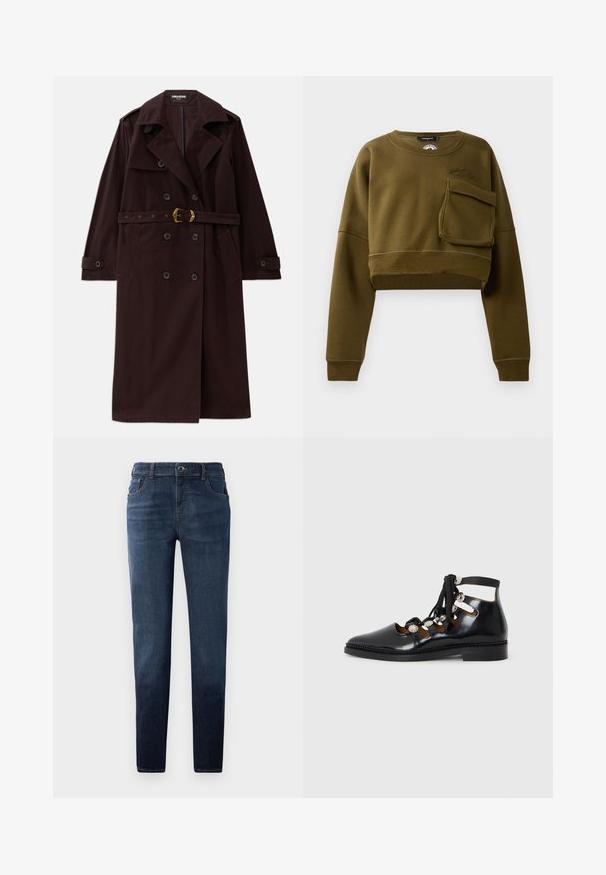 Bordeaux farvet dobbeltradet trenchcoat med bæltet talje, klippet krave og frontlommer. Lavet af et slidstærkt stof med en glat overflade.; Oliven grøn cropped sweatshirt med rund halsudskæring, lange ærmer og lomme foran. Har tekstureret stof og diskret logo-detalje.; Mørkeblå denim jeans med lige pasform. Har en knap- og lynlås-lukning, fem lommer og kontrastsyet. Glat tekstur.; Sorte patentlæder ankelstøvler med udskæringer, snørebåndsdesign og dekorative metal detaljer. Rondet tå og lav, stabil hæl.