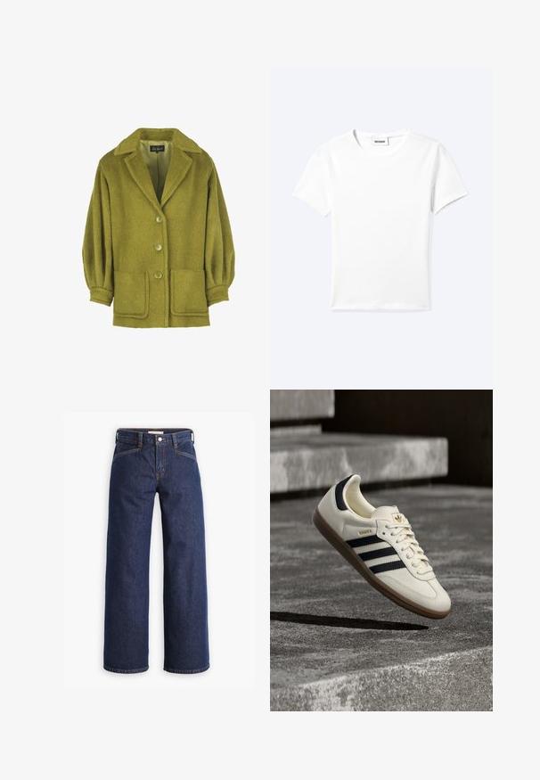 Groene wollen blend jas met een gestructureerde afwerking, met een notch-kraag, drie knopen, twee voorzakken en gathered mouwen.; Effen wit T-shirt met korte mouwen en ronde hals met een klein "WEEKDAY" label aan de binnenkant van de hals, plat neergelegd op een lichte achtergrond.; Donkerblauwe spijkerbroek met een hoge taille, wijdvallende pijpen en subtiele oranje stiksels. Bevat een sluiting met een knoop en ritssluiting aan de voorkant.; Witte Adidas Samba sneaker met zwarte strepen en gumzool, zwevend boven gestructureerde grijze betonnen treden.