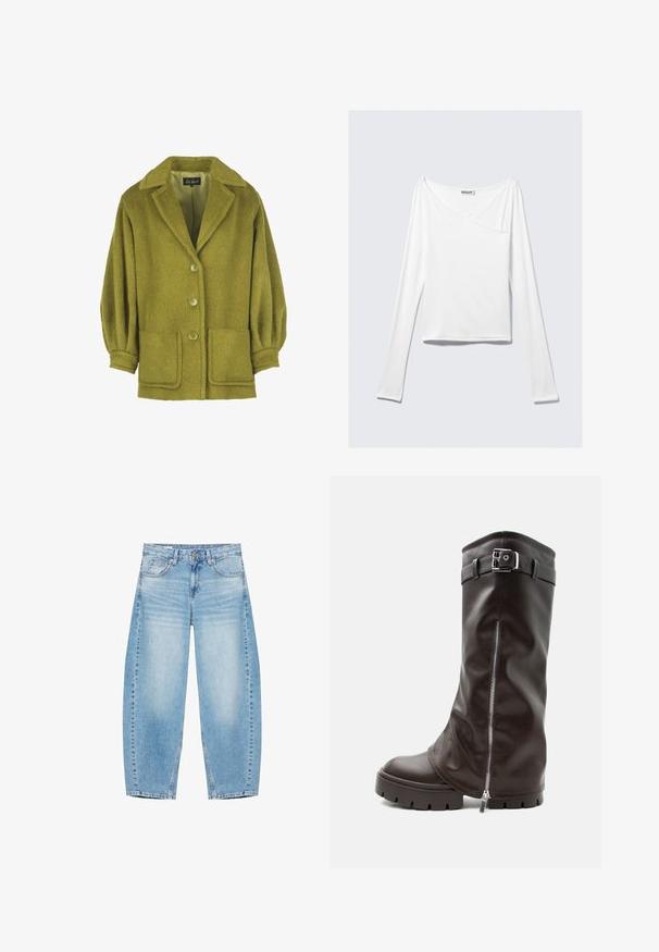 Grüne Wollmischjacke mit strukturierter Oberfläche, Reverskragen, drei Knöpfen, zwei Fronttaschen und gerafften Ärmeln.; Weißes Langarmoberteil mit einem Überlappungsdesign und einer Tasche. Hergestellt aus einem glatten, elastischen Material. In einem lässigen, entspannten Schnitt.; Hellblaue Jeans aus Denim mit hoher Taille, geraden weiten Beinen, Fronttaschen und einem Knopf- sowie Reißverschluss.; Hoher dunkelbrauner Lederstiefel mit grober Sohle, seitlichem Reißverschluss und Knöchelriemen mit silberner Schnalle, dargestellt auf weißem Hintergrund.