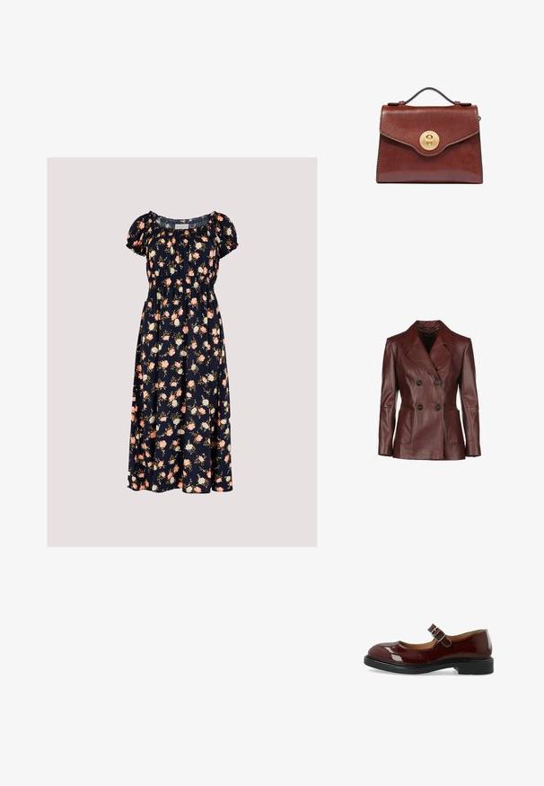 Dobbeltbrystet kastanjebrun læderjakke med snemmet krave, to forlommer og sorte knapper; glat tekstur og skræddersyet pasform.; Apricot VINTAGE ROSE - Hverdagskjole - navy; Bianco BIAADDA MARY JANE LAK - Pumps - burgundy; Brun læderhåndtaske med top håndtag og rundt guldlås med drejelås på frontklappen, sat mod en hvid baggrund.