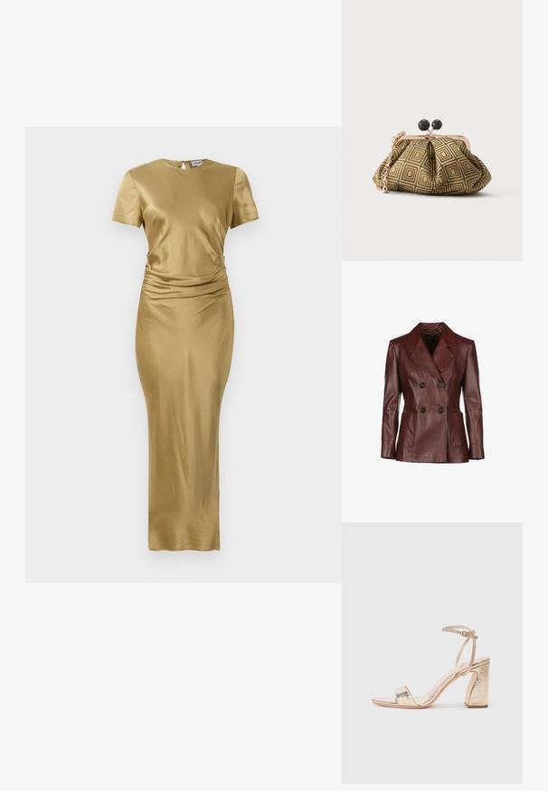 Dunkelroter, doppelt geknöpfter Lederjacke mit Reverskragen, zwei frontalen Taschen und schwarzen Knöpfen; glatte Textur und taillierte Passform.; Goldfarbene Satinkleid mit kurzen Ärmeln, rundem Ausschnitt und gerafftem Detail in der Taille; figurbetonte, lange Silhouette. Glatte Textur.; Goldfarbene, metallische High-Heelsandalen mit einem breiten Riemen über den Zehen, einem verstellbaren Knöchelriemen und einem strukturierten Blockabsatz.; Kleine Clutch mit goldenem und schwarzem geometrischem Muster, goldfarbenem Metallrahmen, schwarzem Kugelverschluss und kurzem goldfarbenem Kettenriemen.