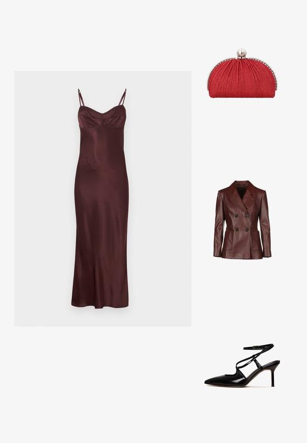 Dunkelroter, doppelt geknöpfter Lederjacke mit Reverskragen, zwei frontalen Taschen und schwarzen Knöpfen; glatte Textur und taillierte Passform.; Ärmelloses, bodenlanges Kleid aus bordeauxrotem Satin mit dünnen verstellbaren Trägern und einem taillierten Oberteil mit dezenten Nahtdetails.; Schwarze Lackleder-Pumps mit spitzem Zehenbereich, Knöchelriemen und Ausschnittdesign; verfügen über einen Stiletto-Absatz und eine glatte Oberfläche.; Rote Stoff-Clutch mit geraffter Textur, silberner Einfassung verziert mit kleinen Perlen und einem großen Perlenverschluss oben.