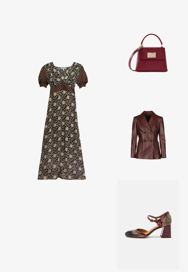 Dunkelroter, doppelt geknöpfter Lederjacke mit Reverskragen, zwei frontalen Taschen und schwarzen Knöpfen; glatte Textur und taillierte Passform.; Braunes florales Maxikleid mit kurzen Puffärmeln mit weißen Punkten, V-Ausschnitt und tailliertem Bund.; Absatzschuh mit einer schwarzen Lackleder-Spitze, burgunderfarbenem Riemen und einem Obermaterial aus schlangenartig gemustertem Stoff; verfügt über einen klobigen Blockabsatz.; Bordeauxrote Lederhandtasche mit gebogenem oberen Griff, abnehmbarem Riemen und rechteckiger goldener Schnalle auf der Vorderklappe.