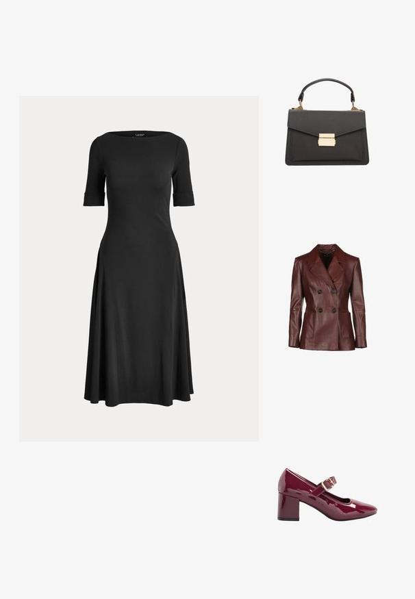 Dunkelroter, doppelt geknöpfter Lederjacke mit Reverskragen, zwei frontalen Taschen und schwarzen Knöpfen; glatte Textur und taillierte Passform.; Schwarzes Midikleid mit ellbogenlangen Ärmeln, tailliertem Oberteil, U-Boot-Ausschnitt und ausgestelltem Rock.; Glänzender dunkelroter Mary Jane Schuh mit niedrigem Blockabsatz und einem goldenen Schnallenriemen über der Oberseite.; Graue Lederhandtasche mit strukturiertem Design, ausgestattet mit einem Handgriff oben, goldenen Beschlägen und einem Klappenverschluss mit einem rechteckigen Verschluss.