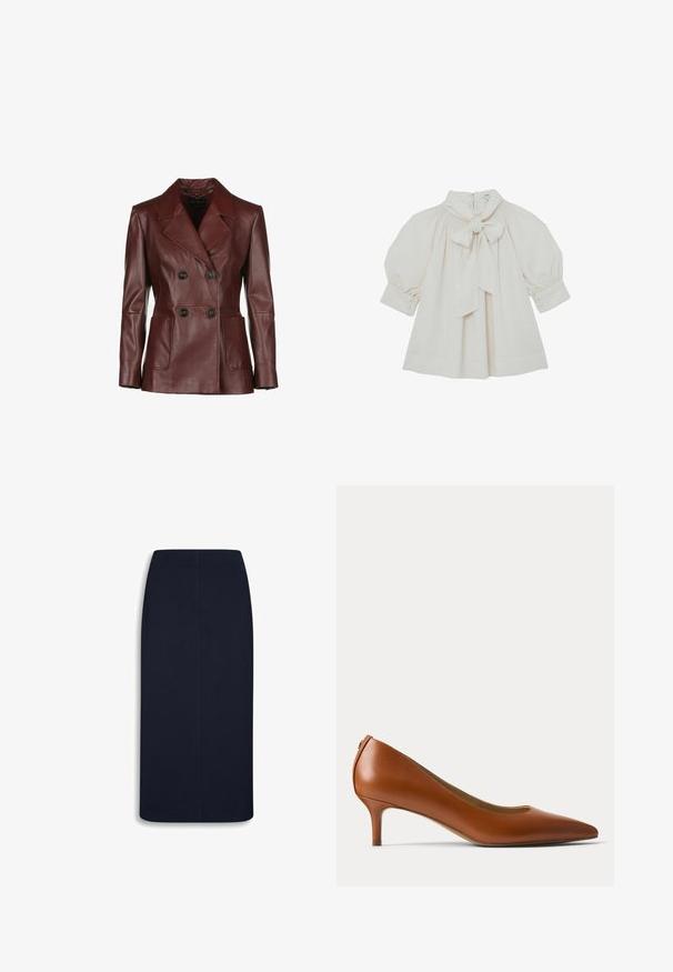 Dunkelroter, doppelt geknöpfter Lederjacke mit Reverskragen, zwei frontalen Taschen und schwarzen Knöpfen; glatte Textur und taillierte Passform.; Cremefarbene Bluse mit Schleife am Kragen, Raffung und Puffärmeln mit geknöpften Manschetten. Glatter Stoff, lockere Passform.; Marineblauer gerader Midi-Rock mit hoher Taille und zentralem Nahtdetail, dargestellt auf weißem Hintergrund.; Brauner Lederschuh mit niedrigem Absatz und spitz zulaufender Schuhspitze, seitlich auf hellem, einfarbigem Hintergrund gezeigt.