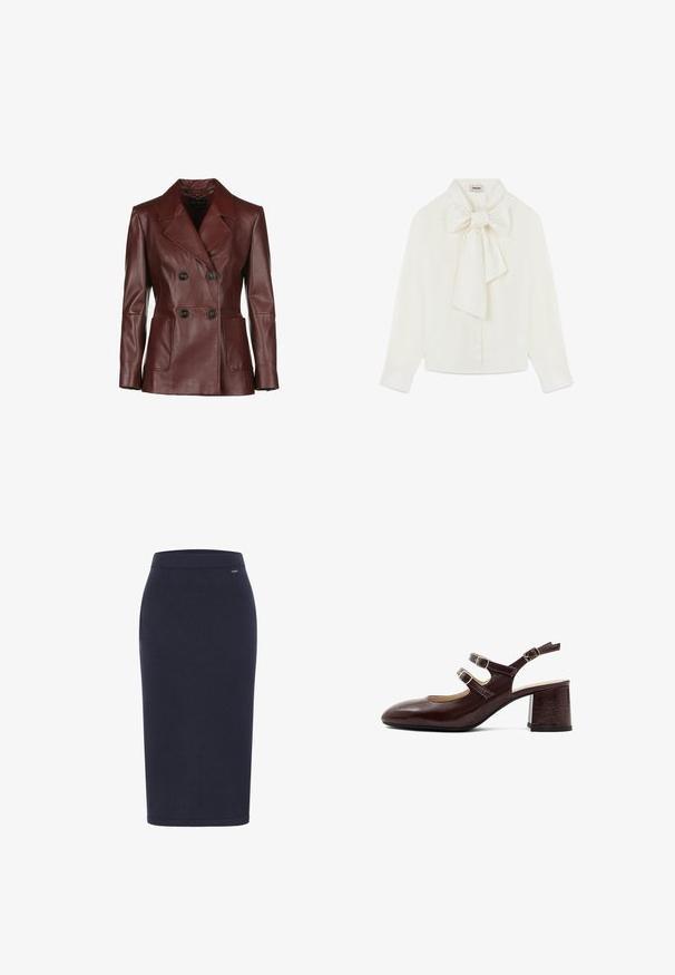 Dunkelroter, doppelt geknöpfter Lederjacke mit Reverskragen, zwei frontalen Taschen und schwarzen Knöpfen; glatte Textur und taillierte Passform.; Rodier TIE NECK - Hemdbluse - blanc; DreiMaster Bleistiftrock - marine; Dunkelbrauner Leder-Mary-Jane-Schuh mit zwei vorne verstellbaren Schnallen, einem Knöchelriemen mit Schnalle und einem klobigen mittelhohen Absatz.