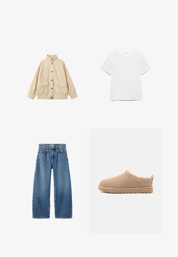 Veste beige à boutons avec col montant, manches longues et deux grandes poches devant à rabat.; T-shirt blanc uni à manches courtes et col rond, avec un ourlet droit, présenté sur un fond blanc.; Jean en denim bleu à jambes larges avec détails clous argentés le long des coutures extérieures et des poches avant, taille haute avec passants pour ceinture et fermeture par bouton.; Chausson beige à enfiler avec extérieur en suède doux, doublure en fourrure blanche moelleuse et semelle en caoutchouc avec bande de traction, montré en profil latéral.