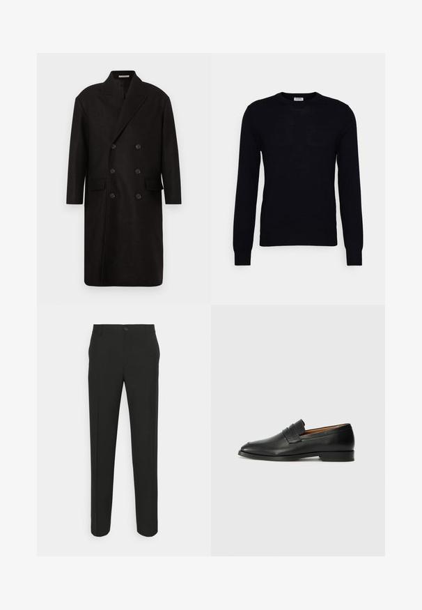 Manteau double boutonnage en laine noire avec larges revers crantés, deux poches avant et six boutons ronds noirs. Texture lisse, coupe mi-longue.; Pull noir à manches longues en tricot doux. Encolure ronde, poignets et ourlet côtelés. Design minimaliste sans motifs ni boutons visibles.; Pantalons noirs ajustés à coupe droite, dotés d'une fermeture à un bouton et de passants de ceinture. Tissu lisse, mat et sans motifs.; Mocassin en cuir noir avec un bout arrondi, des coutures subtiles et un talon bas, présentant une texture lisse et un design minimaliste.