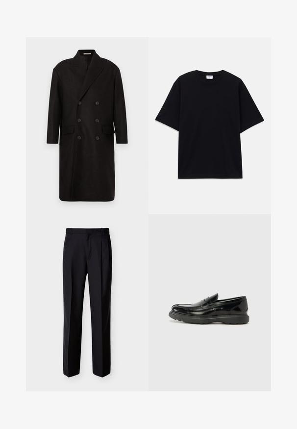 Manteau double boutonnage en laine noire avec larges revers crantés, deux poches avant et six boutons ronds noirs. Texture lisse, coupe mi-longue.; T-shirt noir à manches courtes oversize avec un col rond et une étiquette de marque Filippa K visible à l'intérieur du col.; Pantalon noir ajusté à coupe droite, avec un devant plissé et des poches latérales. Confectionné dans un tissu lisse et léger à motif uni.; Mocassin en cuir noir avec une finition brillante, bout arrondi, détails de couture subtils et semelle en caoutchouc épaisse pour la durabilité.