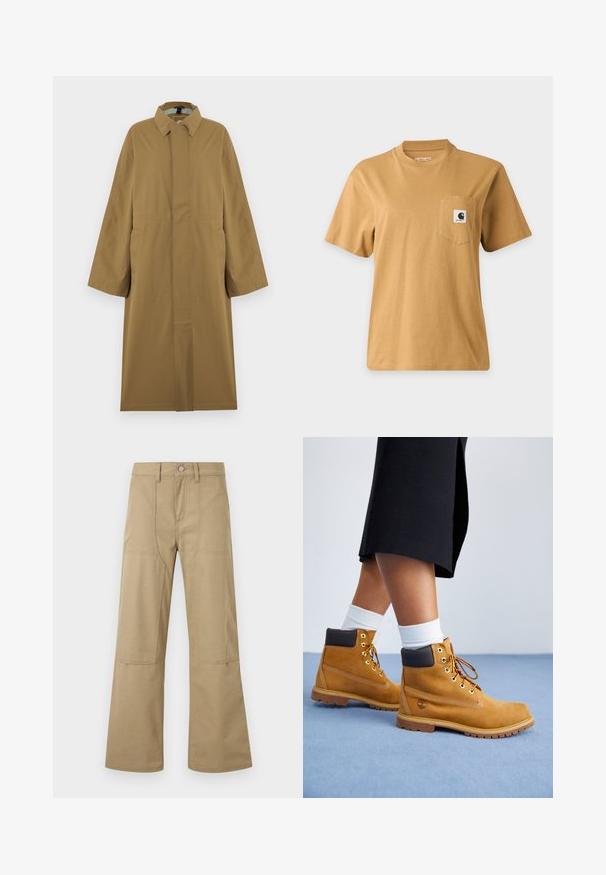 Trench-coat long beige avec col, manches longues, boutons cachés sur le devant et deux poches latérales, présenté sur un cintre.; T-shirt marron uni à manches courtes avec une poche poitrine présentant un patch carré avec le logo de la marque, affiché sur un fond clair uni.; Pantalon beige taille haute à jambes larges avec poches plaquées à l'avant, passants pour ceinture et fermeture à boutons. Tissu simple et durable avec coutures visibles.; Bottines en suede beige avec des accents en cuir marron, des œillets dorés et une semelle texturée. Chaussettes blanches visibles au-dessus des bottines.