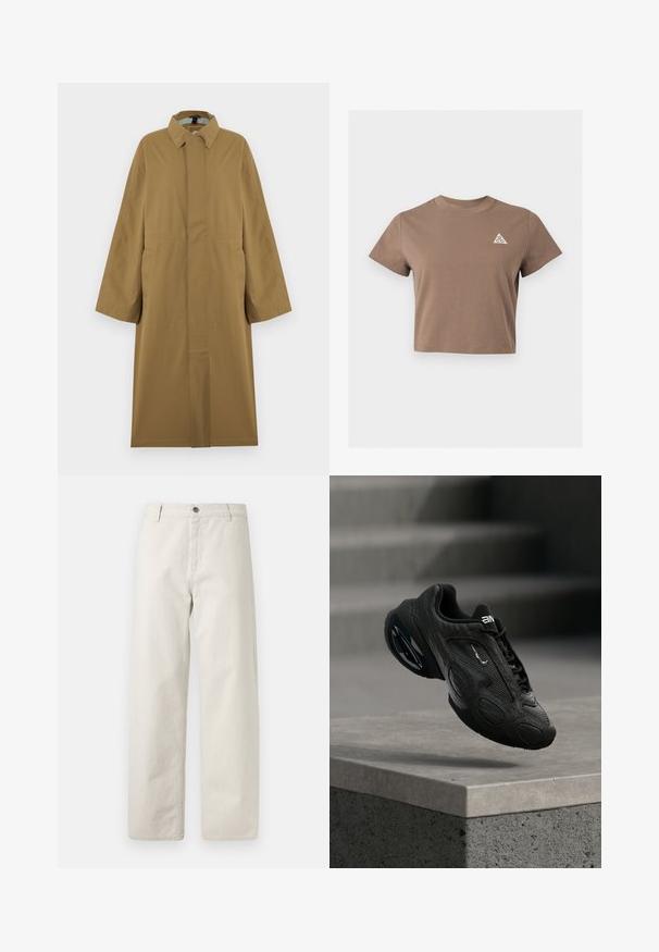 Trench-coat long beige avec col, manches longues, boutons cachés sur le devant et deux poches latérales, présenté sur un cintre.; T-shirt marron court à manches courtes avec col rond et petit logo triangulaire blanc ACG sur le côté gauche de la poitrine sur fond uni.; Pantalon beige à jambes larges avec fines rayures verticales discrètes, passants de ceinture, fermeture par bouton et poches avant.; Chaussure de sport noire avec tige en cuir texturé, logo proéminent et semelle amortissante. Présente des motifs abstraits et des accents lisses et arrondis.