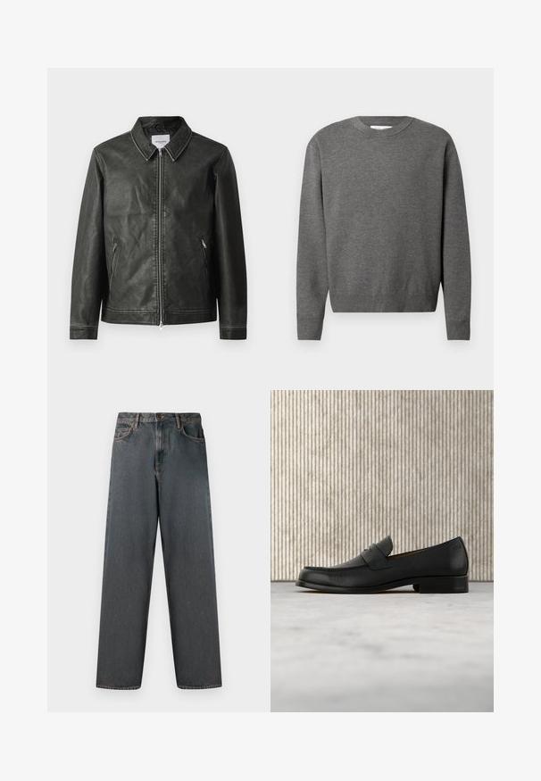 Chaqueta de cuero negra con una textura suave, cuello a presión, cremallera delantera completa y dos bolsillos laterales. Presenta detalles de costura mínimos.; Suéter gris de cuello redondo fabricado en un suave tejido de punto. Presenta mangas largas y puños y dobladillo acanalados. Diseño minimalista sin logotipos visibles.; Jeans de mezclilla gris oscuro con un diseño de pierna recta, cinco bolsillos y cierre de botón y cremallera. La tela presenta un ligero desgaste y costuras.; Zapato mocasín de cuero negro flotando sobre una alfombra beige con una mesa redonda marrón brillante al fondo.
