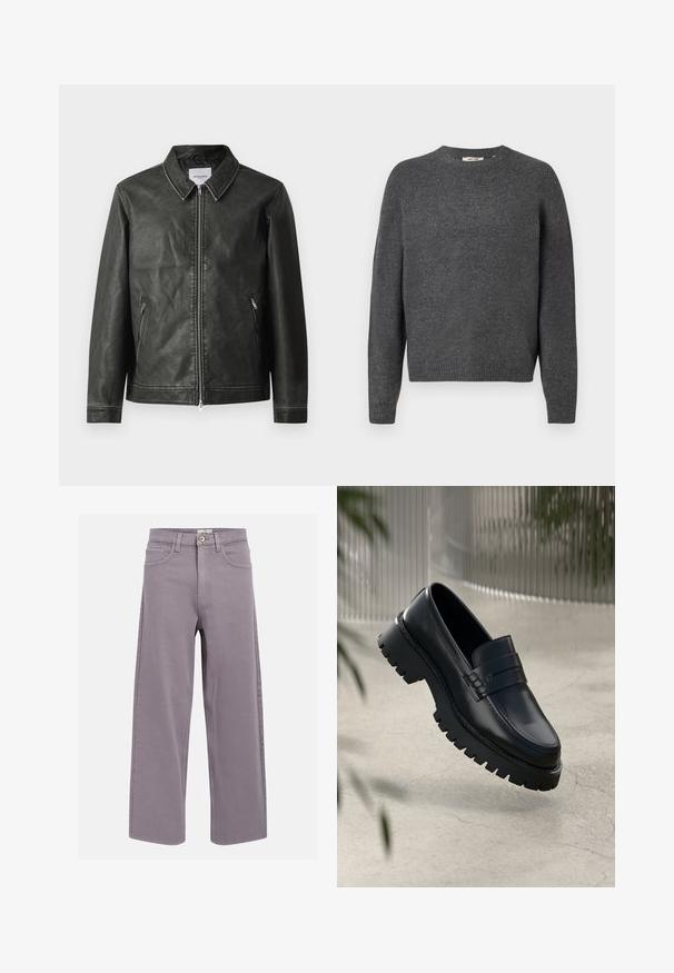 Chaqueta de cuero negra con una textura suave, cuello a presión, cremallera delantera completa y dos bolsillos laterales. Presenta detalles de costura mínimos.; Suéter gris oscuro hecho de un suave material de punto, con cuello redondo, mangas largas y dobladillo y puños acanalados. Diseño liso, sin patrones.; Jeans rectos en color lavanda-gris, con bolsillos delanteros y traseros, pasadores para cinturón y cierre de botón en la cintura.; Mocasines de cuero negro con suela gruesa, que presentan una correa decorativa y detalles de costura. Textura suave con un acabado pulido.