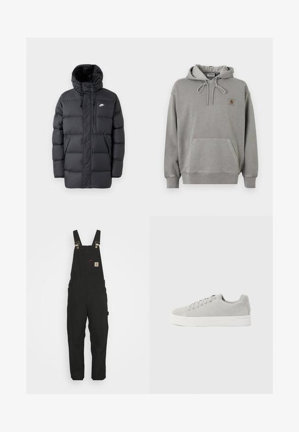 Mustard värvi puhvjakkk, millel on kapuuts, ees tõmblukk, elastsed mansetid, küljetaskud ja väike logo rinnal. Tekstuuriga, tikitud disain.; Helesinine hall Carhartti pullover-tüüpi kapuutsiga pusa, esiküljel kängurutasku, paelaga kapuuts, soonikkoes mansetid ja väike brändi logo rinnal.; Mustad puuvillased üleüldised, millel on reguleeritavad rihmad, esikäe tasku logotäpid, ja kaks külgtaskut mugava istuvusega.; Helehall hall lehis nahast madala säärega tennisesaapad valge kummist tallaga ja sobivate hallide nööridega, nähtud küljelt ühtlasel taustal.