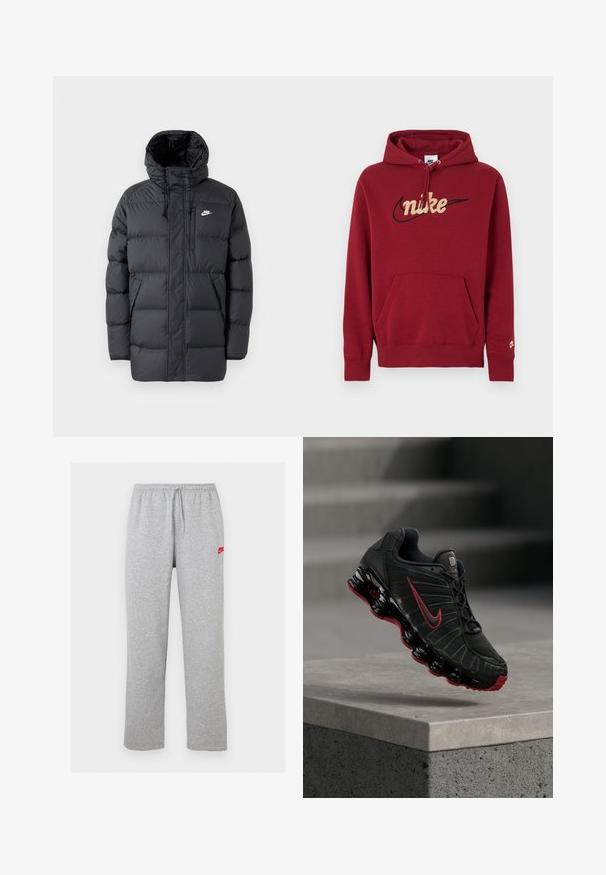 Sort pufferjakke med hætte, med lynlås foran, elastiske manchetter, sidelommer og et lille logo på brystet. Struktureret, quiltet design.; Rød hættetrøje lavet af blødt stof med en stor, broderet beige "Nike"-logo, frontlomme og snørre i hætten.; Lysegrå joggingbukser med elastisk talje og snøre, med lille rødt Nike-logo på øverste venstre lår.; Sort og rød Nike atletiksko med synlig fjederlignende sål balancerende på kanten af et betontrin.