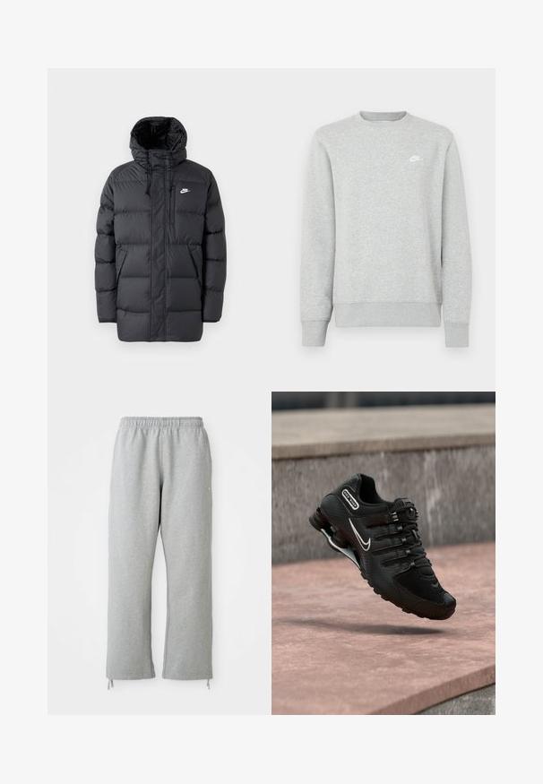 Sort pufferjakke med hætte, med lynlås foran, elastiske manchetter, sidelommer og et lille logo på brystet. Struktureret, quiltet design.; Grå sweatshirt lavet af blødt fleece-materiale, med ribstrikkede manchetter og kant, samt et lille hvidt Nike-logo på brystet.; Grå sweatpants med elastisk talje, lige ben og snoretræk ved kanten. Fremstillet af blødt, struktureret stof.; Sort Nike Shox løbesko med hvid swoosh-logo, midt i luften over en rosa betonoverflade mod en grå stenmur som baggrund.