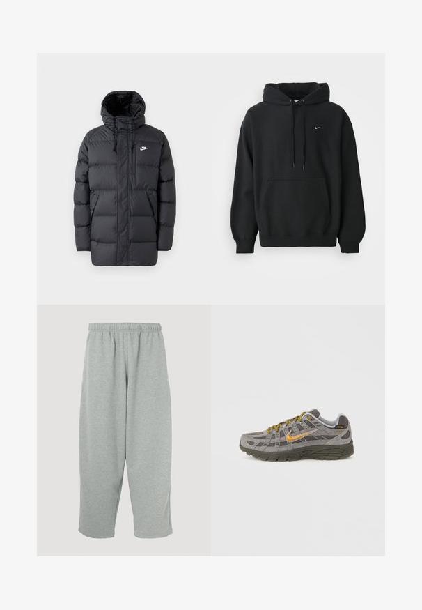 Chaqueta de plumas negra con capucha, que cuenta con un cierre de cremallera frontal, puños elásticos, bolsillos laterales y un pequeño logo en el pecho. Diseño texturizado y acolchado.; Sudadera negra de Nike con bolsillo frontal tipo canguro, capucha con cordón, puños acanalados y pequeño logo de Nike en blanco en el pecho.; Pantalones deportivos gris claro con cintura elástica, diseño de pernera ajustada y textura suave. Sin marcas visibles ni patrones.; Zapatilla de ante gris con acentos dorados, paneles texturizados y cordones a juego. Cuenta con una suela acolchada y un detalle de logotipo en el lateral.