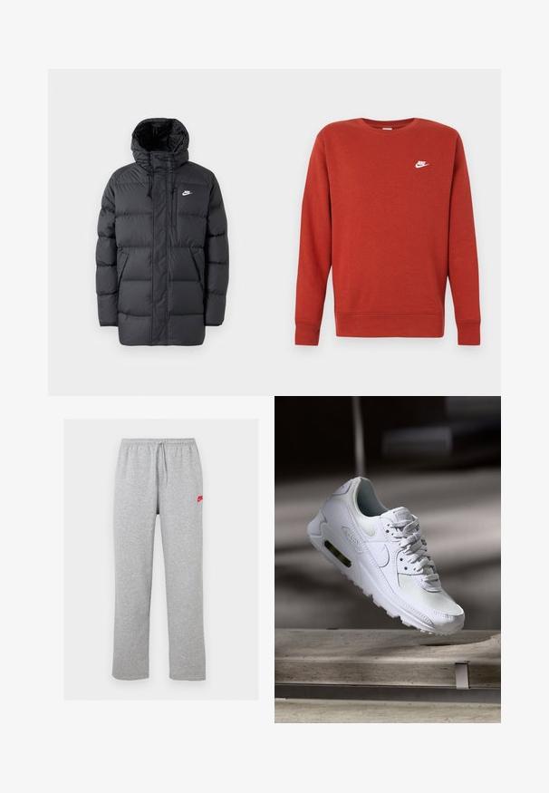 Schwarze Pufferjacke mit Kapuze, mit Reißverschluss vorne, elastischen Bündchen, Seitentaschen und einem kleinen Logo auf der Brust. Strukturierte, gesteppte Optik.; Rotes Baumwoll-Sweatshirt mit langen Ärmeln und gerippten Bündchen. Verfügt über ein kleines weißes Nike-Logo auf der oberen linken Brust. Klassisches Rundhalsausschnitt-Design.; Hellgraue Jogginghose mit elastischem Bund und Kordelzug, mit kleinem rotem Nike-Logo am oberen linken Oberschenkel.; Weiße Nike Air Max 90 Sneaker mit einem Obermaterial aus Mesh und Leder, durchlässigem Zehenbereich und einer sichtbaren Air-Einheit in der Ferse.