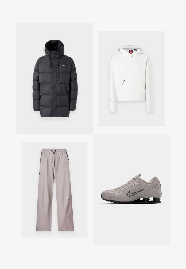 Schwarze Pufferjacke mit Kapuze, mit Reißverschluss vorne, elastischen Bündchen, Seitentaschen und einem kleinen Logo auf der Brust. Strukturierte, gesteppte Optik.; Weißer Nike-Hoodie mit Reißverschlusstasche vorne, kleinem schwarzem Nike-Logo auf der Brust und Kapuze, auf einem einfarbigen hellen Hintergrund dargestellt.; Hellgraue locker sitzende Hose mit elastischem Bund, schwarzer verstellbarer Kordel und seitlichen Taschen mit schwarzen Reißverschlussdetails.; Helle graue Sportschuhe mit einem geformten Obermaterial, strukturierten Akzenten, schwarzer Sohle und einem auffälligen Nike-Swoosh in Dunkelgrau. Verfügt über Perforationen.