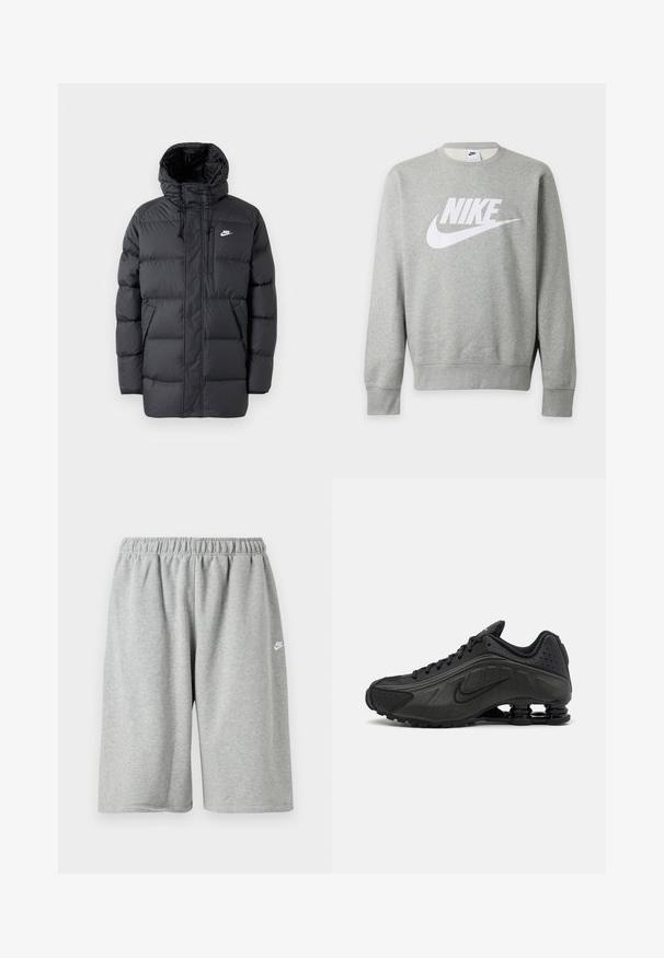 Sort pufferjakke med hætte, med lynlås foran, elastiske manchetter, sidelommer og et lille logo på brystet. Struktureret, quiltet design.; Lysegrå langærmet Nike sweatshirt med hvid Nike-logo og swoosh foran, rund halsudskæring og ribbede manchetter og kant.; Grå bomuldsshorts med elastik i taljen, med løs pasform og et lille hvidt logo nær kanten. Glat tekstur, længde over knæet.; Sorte løbesko med en glat syntetisk overdel, perforerede detaljer, teksturerede sidedele og en distinkt fjedrende sål.