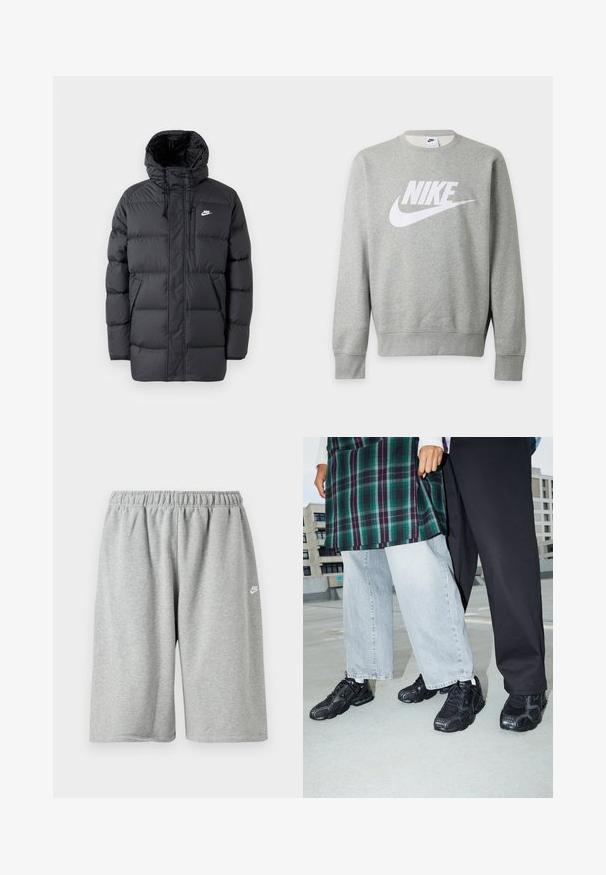 Sort pufferjakke med hætte, med lynlås foran, elastiske manchetter, sidelommer og et lille logo på brystet. Struktureret, quiltet design.; Lysegrå langærmet Nike sweatshirt med hvid Nike-logo og swoosh foran, rund halsudskæring og ribbede manchetter og kant.; Grå bomuldsshorts med elastik i taljen, med løs pasform og et lille hvidt logo nær kanten. Glat tekstur, længde over knæet.; Sorte atletik sko med mesh- og gummidetaljer. Båret med lysegrå vide jeans og en ternet grøn bluse. Flad overflade i baggrunden.