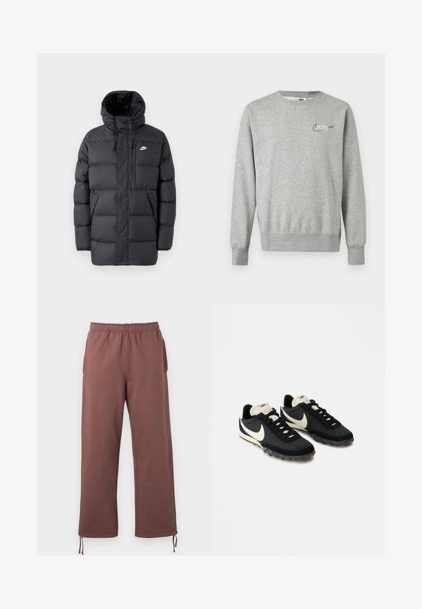 Sort pufferjakke med hætte, med lynlås foran, elastiske manchetter, sidelommer og et lille logo på brystet. Struktureret, quiltet design.; Lysegrå crewneck-sweatshirt med lange ærmer og lille rød og hvid Nike-logo på venstre bryst.; Brune bukser med elastisk linning, lavet af blødt stof, med sidelommer og justerbare snore ved manchetterne for en tilpasset pasform.; Sorte sportssko med en struktureret overdel, hvid swoosh-logo og gummisål med små stik til trækkraft. Elfenbensfarvet krave.