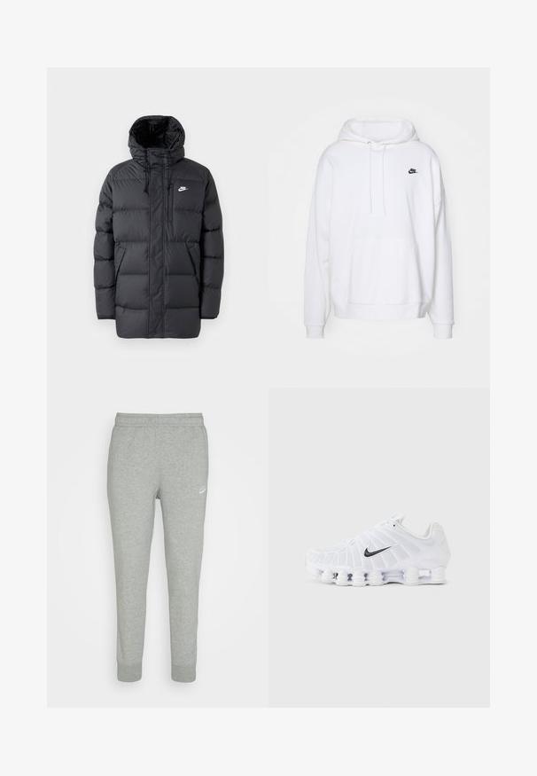 Sort pufferjakke med hætte, med lynlås foran, elastiske manchetter, sidelommer og et lille logo på brystet. Struktureret, quiltet design.; Hvid hoodie lavet af blødt stof, med en kængurulomme, snore i hætten og et lille sort Nike-logo på brystet.; Grå sweatpants lavet af blødt stof, med tapered ben design, elastisk talje og lille hvid Nike-logo på venstre lår.; Hvid Nike løbesko med sort swoosh-logo, mesh-overdel og fjedrende, opdelt sål designet til stødabsorbering og støtte.
